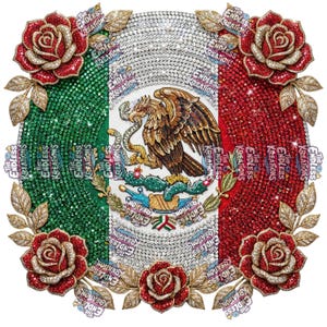 Pode incluir: Um design redondo e brilhante com a bandeira mexicana, com listras verticais verdes, brancas e vermelhas. O centro mostra o brasão mexicano. O design é adornado com rosas vermelhas e folhas douradas, com o texto "THE ENDLESS KREATIONS" repetido.