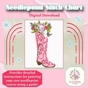Puede incluir: Un gráfico de punto de aguja descargable digitalmente que presenta una bota vaquera rosa con adornos florales. El gráfico proporciona instrucciones detalladas para pintar tu propio lienzo de punto de aguja usando una guía.