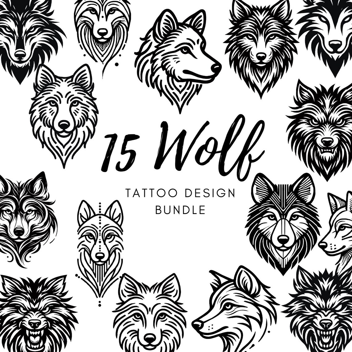 15 Wolf Face Tattoo Designs Bundle | Linear & Artistic Styles | Digital ...