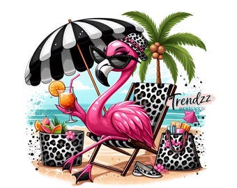 Sassy Flamingo in Leopard Beach Chair Tropical Drink PNG –  (Digital Download)