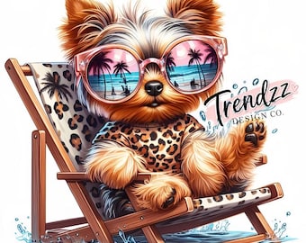 Yorkie PNG – Yorkie con estampado de leopardo en la playa (Descarga digital)