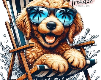 Golden Doodle PNG – Perro Goldendoodle asomándose en la playa durante el verano (Descarga digital)