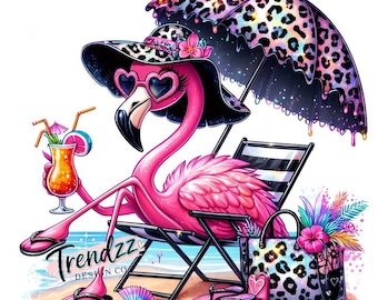Flamingo PNG - Leopardo goteando flamenco en la playa con bebida tropical (Descarga digital)