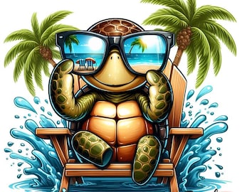 Tortuga playera PNG – Tortuga playera chapoteando en una silla de playa (Descarga digital)