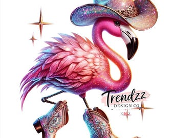Flamingo PNG – Diseño de vaquera flamenco brillante con sombrero y botas (Descarga digital)
