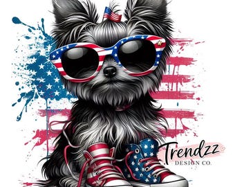 Yorkie PNG – Arte patriótico de un perro Yorkie con la bandera estadounidense (Descarga digital)