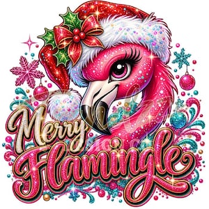 May include: A pink flamingo wearing a red and white Santa hat with a holly sprig. The illustration features glittery accents, snowflakes, and ornaments. The text Merry Flamingle is written in a stylized, gold-outlined pink font.