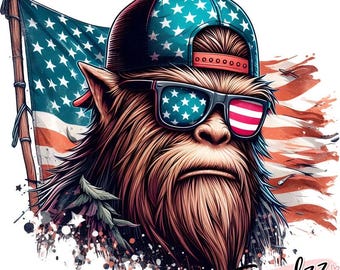 Sasquatch PNG – Arte patriótico de Sasquatch con la bandera estadounidense (descarga digital)