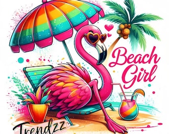 Flamingo PNG - Chica Flamingo en la playa con bebida tropical (Descarga digital)