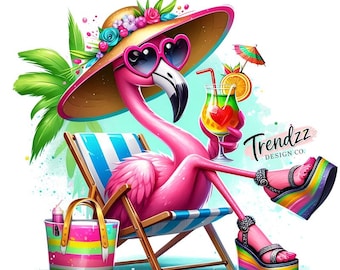 Silla de playa con flamencos y bebida tropical PNG – Sandalias de cuña (descarga digital)