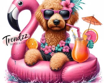 Golden Doodle PNG – GoldenDoodle tropical chapoteando en un flotador de flamenco (Descarga digital)