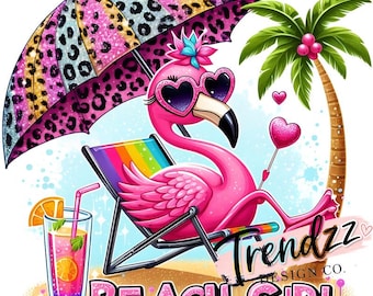 Flamingo PNG - Chica de playa con leopardo y flamenco (Descarga digital)