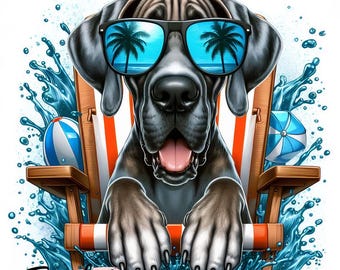Gran Danés PNG – Arte de Gran Danés asomándose en la playa durante el verano (Descarga digital)