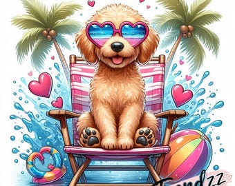 Golden Doodle PNG – Golden Doodle con salpicaduras en la playa (Descarga digital)