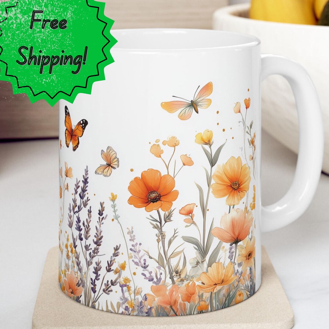 Boho Wildflower Mug, Butterfly & Bee Coffee Cup, Serene Floral Tea Cup ...