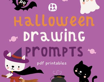 May include: A purple Halloween-themed illustration with the words "Halloween Drawing Prompts" in orange and white. The image features a bat, ghost, black cat, witch cat, cauldron, and candy. The text "pdf printables" is also included.