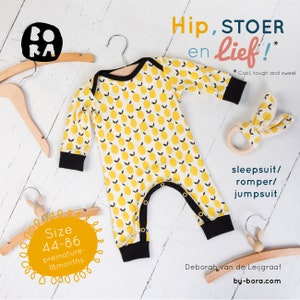 May include: A yellow and black baby onesie with a lemon print. The onesie is on a hanger and has the text "Hip, STOER en lief!" and "Cool, tough and sweet" on the top right corner. The onesie is size 44-86, premature to 18 months. The text "sleepsuit/ romper/ jumpsuit" is on the bottom right corner. The text "Deborah van de Leijgraaf by-bora.com" is on the bottom right corner.