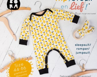May include: A yellow and black baby onesie with a lemon print. The onesie is on a hanger and has the text "Hip, STOER en lief!" and "Cool, tough and sweet" on the top right corner. The onesie is size 44-86, premature to 18 months. The text "sleepsuit/ romper/ jumpsuit" is on the bottom right corner. The text "Deborah van de Leijgraaf by-bora.com" is on the bottom right corner.