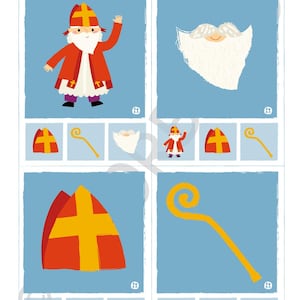Op de afbeelding: Een kinderspel met illustraties van Sinterklaas. De afbeeldingen tonen een figuur in een rode jas en hoed, een witte baard, een bisschopsmuts en een gouden staf. De tekst "Sinterklaas Kwartet" staat bovenaan.