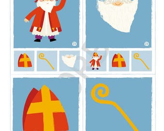 May include: A children's card game featuring illustrations of Sinterklaas, including a figure in a red coat and hat, a white beard, a bishop's hat, and a golden staff. The text "Sinterklaas Kwartet" is at the top.