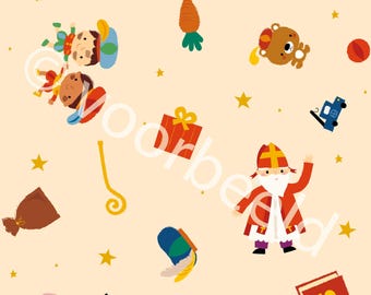 May include: A colorful illustration of Sinterklaas, a Dutch holiday figure, with a white beard and red and white mitre, holding a sack and a stick. The illustration also includes a white horse, a gingerbread house, a carrot, a bag of gifts, a book with the letter 'S' on it, a toy train, a toy truck, a teddy bear, a star, and a crescent moon. The background is a light yellow color.