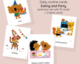 May include: A set of daily routine cards with illustrations of animals. The cards include images of a koala with a cake, a monkey at a birthday party, and other scenes. Text on the cards includes "treat", "birthday", and "eating a cracker/cookie".