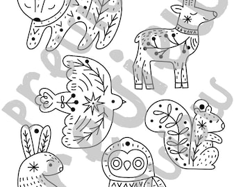 May include: Black and white templates for gold foil animal ornaments. The designs include a bear, deer, bird, rabbit, owl, and squirrel. The text "Templates for gold foil ornaments" and "ANIMALS" are at the top. The bottom right corner has a website and QR code.
