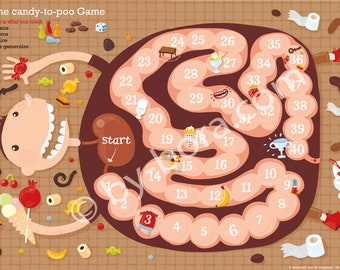 May include: A colorful board game called "The Candy-to-Poo Game" with a cartoon illustration of a person's digestive system. The game board features a path with numbered squares, starting at "start" and ending at a toilet. The game includes raisins, pawns, a dice, and game rules.
