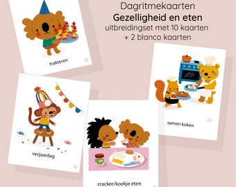 May include: A set of illustrated cards with animal characters. The cards feature a koala with a cake, a monkey at a birthday party, and other animals cooking and eating. Text on the cards includes "trakteren", "verjaardag", "cracker/koekje eten", and "samen koken".