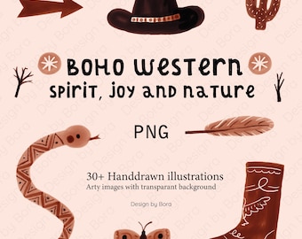 May include: A collection of hand-drawn illustrations with a boho western theme. The image includes a cowboy hat, arrow, cactus, snake, feather, boot, and butterfly. Text reads "BOHO WESTERN spirit, joy and nature" and "30+ Handdrawn illustrations".