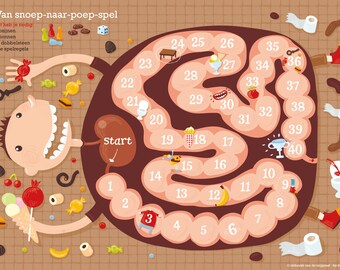 May include: A colorful board game called "Van snoep-naar-poep-spel" with a cartoon illustration of a person's digestive system. The game board features a path that starts at the stomach and ends at the toilet. The game includes a variety of colorful pieces, including candy, ice cream, and a toilet.
