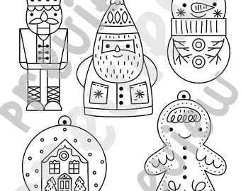 May include: Black and white line art templates for gold foil Christmas ornaments. Designs include a nutcracker, Santa Claus, snowman, snow globe, and gingerbread man. Text reads "Templates for gold foil ornaments" and "Christmas Figures".