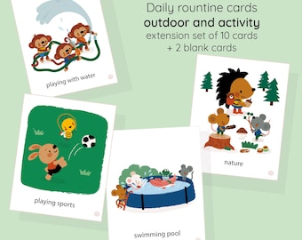May include: Set of illustrated daily routine cards for children. The cards feature colorful drawings of activities like playing with water, playing sports, swimming, and nature exploration. Text on the cards includes "playing with water", "playing sports", "swimming pool", and "nature".