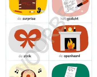 May include: A colorful illustration of Sinterklaas-themed words with images. The words are "de surprise", "het gedicht", "de strik", "de openhaard", "het liedje", and "het lijstje".