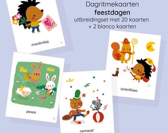 May include: A set of illustrated cards with the text "Dagritmekaarten feestdagen" and holiday-themed images. The cards feature cartoon animals and text in Dutch, including "moederdag", "pasen", "carnaval", and "sinterklaas".