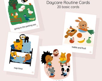May include: A set of daycare routine cards with colorful illustrations. The cards feature images of animals and activities, including going to the petting zoo, nap time, circle time, and eating vegetables and fruit. The text "Daycare Routine Cards" and "20 basic cards" is also visible.