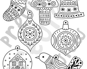 May include: Black and white line art templates for gold foil Christmas ornaments. Designs include a stocking, mushroom, bell, teardrop, round ornament, snow globe, and bird. Text reads "Templates for gold foil ornaments" and "Christmas ornaments".
