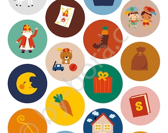 May include: A colorful memory game with 16 illustrated circles featuring Sinterklaas themed images, including a horse, a boat, a boot, a bag, a moon, a carrot, a house, a gift, a book, a musical note, a feather, and a letter S. The game is titled "Sinterklaas memory spel".