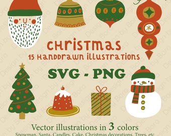 May include: A collection of hand-drawn Christmas illustrations in red, green, and gold. The image includes a Santa Claus face, ornaments, a Christmas tree, a snowman, and gift boxes. Text reads "Christmas" and "15 Handdrawn Illustrations."