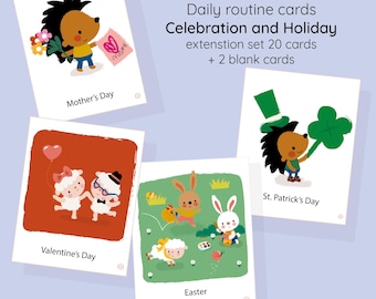 May include: A set of illustrated cards for holidays and celebrations. The cards feature images for Mother's Day, Valentine's Day, Easter, and St. Patrick's Day. The text on the cards reads "Daily routine cards Celebration and Holiday extension set 20 cards + 2 blank cards."