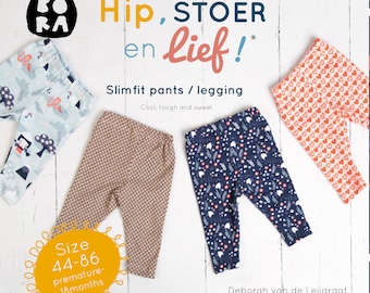May include: Three pairs of baby leggings in different patterns: blue with white flowers, brown with a geometric pattern, and orange with white hearts. The leggings are on a white wooden surface. The text "Hip, STOER en lief!" is written in yellow, blue, and pink. The text "Slimfit pants / legging" is written in black. The text "Cool, tough and sweet" is written in black. The text "Size 44-86 premature-18months" is written in black on a yellow circle.