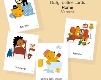 May include: A set of illustrated daily routine cards for home use. The cards feature cartoon animals in various activities, including taking a bath, waking up, and nap time. The text on the cards reads "Daily routine cards Home 30 cards."
