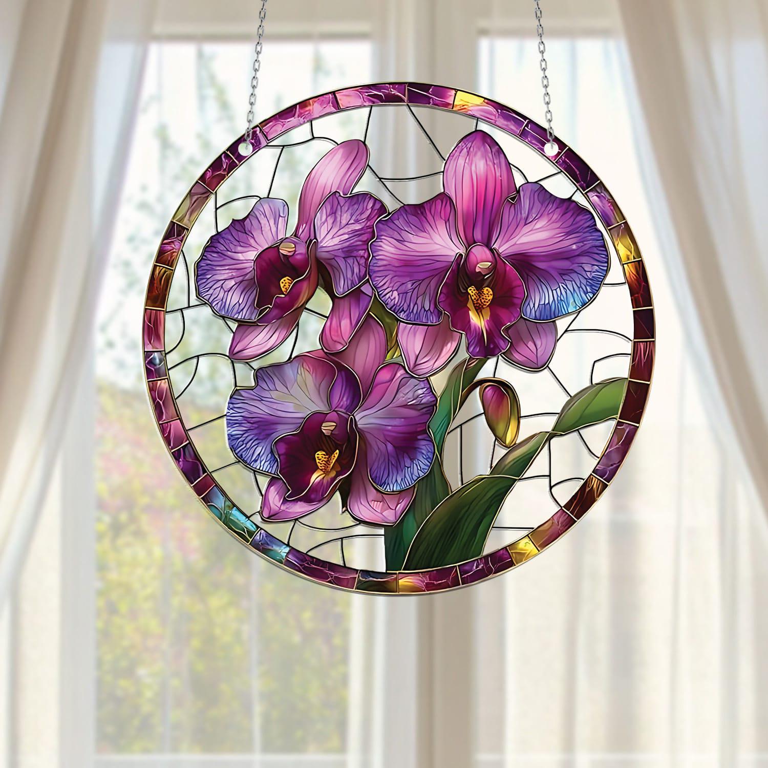 Orchid Flower Faux Stained Glass Suncatcher, Elegant Window And Yard Decor