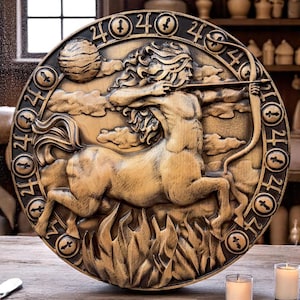 Tema natale da regalare al Sagittario: calendario astrologico zodiacale, opera d'arte in legno a strati, set regalo per gli amanti dell'astrologia.