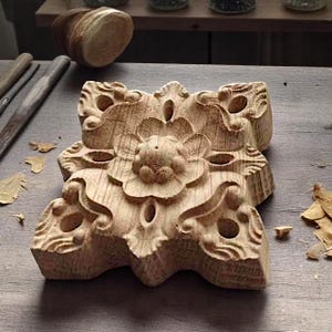 Wooden Rosette - Wall or Ceiling Medallion – 1 piece. Antique Decorative Trim, Square Wood Accent, Carved Wood Rosette Onlay, Applique.