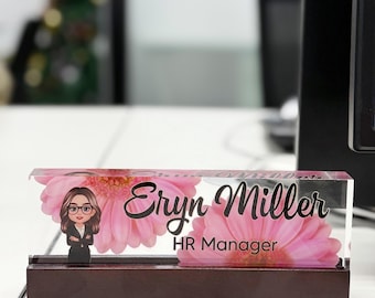 Placa de acrílico personalizada para escritorio con margaritas: regalo de oficina