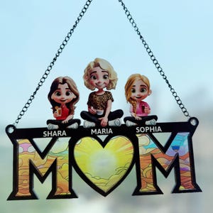 Junger Mutter-Tochter-Sohn Wir lieben dich Mutter 3D-Karikatur - Personalisierte Fensterbehang Suncatcher-Verzierung