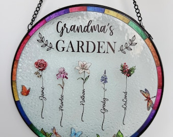 Grandma&#39;s Garden Birth Flower - Gift For Grandma - Mother&#39;s Day Personalized Stained Glass Window Hanging Suncatcher