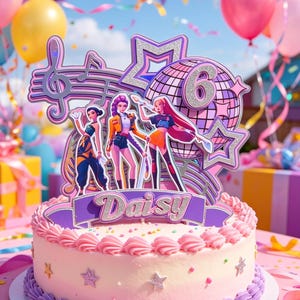 May include: A round cake with light pink frosting, purple piped borders, and small star accents. A large cake topper features three illustrated figures, a musical note, a disco ball with the number 6, and a purple banner with the name Daisy.