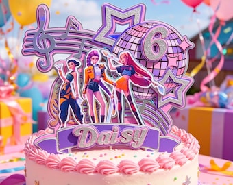 May include: A round cake with light pink frosting, purple piped borders, and small star accents. A large cake topper features three illustrated figures, a musical note, a disco ball with the number 6, and a purple banner with the name Daisy.